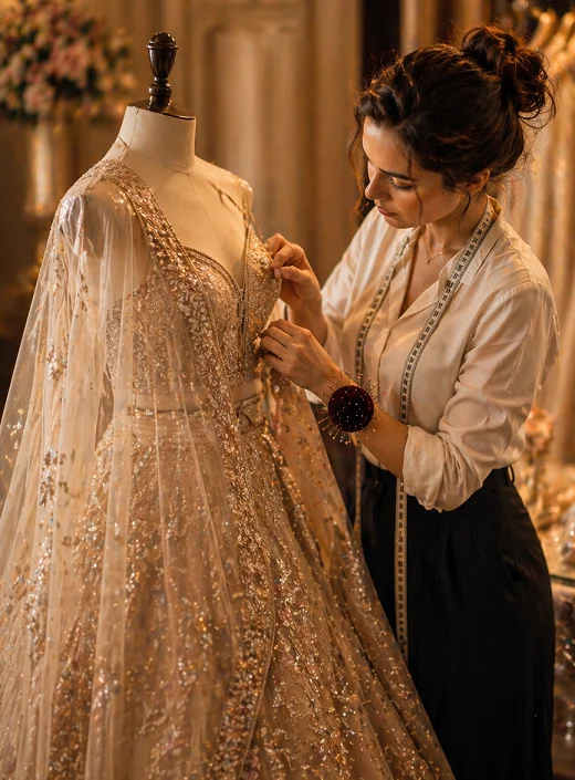 Female tailor adjusting an elegant evening dress on a mannequin